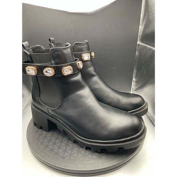 No Brand Shoes - Chelsea Boots Black with Block Heel & Bedazzled Gem Cuff Size 9 Chunky Blingy